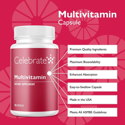 Celebrate Vitamins Bariatric Multivitamin, Iron Free - Post Gastric Bypass & Sleeve Gastrectomy Supplement for Men & Women - Essential Minerals & Vitamins A, B, D & E